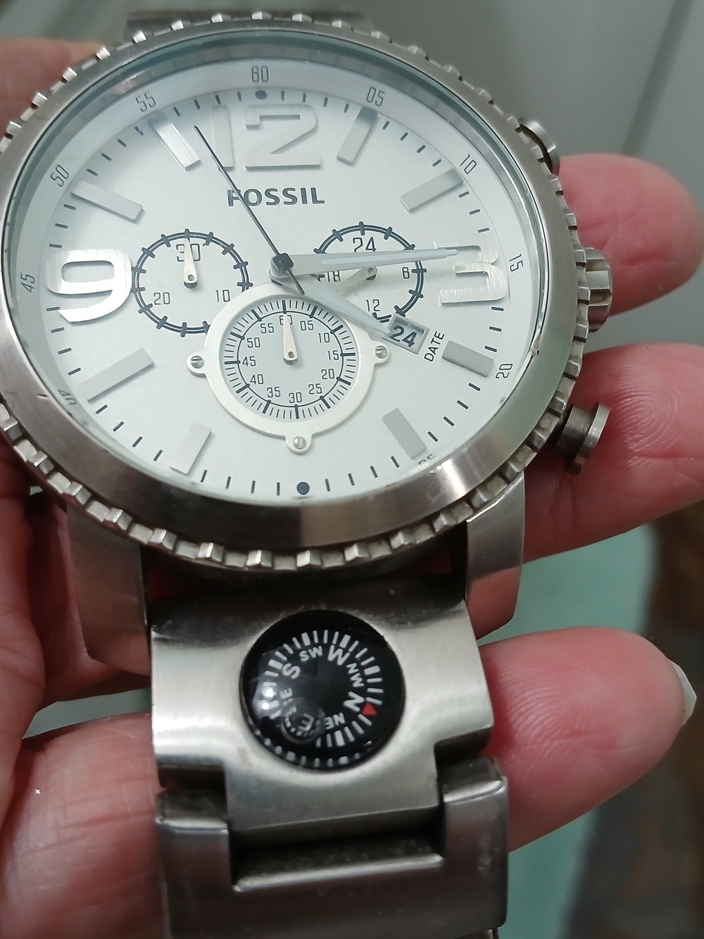 Fossil Silver-Tone Men's Chronograph Watch with Compass & Tin Box